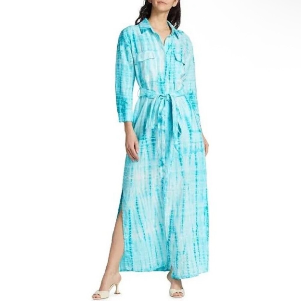 NWOT L'AGENCE Turquoise and White Tie-Dye Shirt Dress